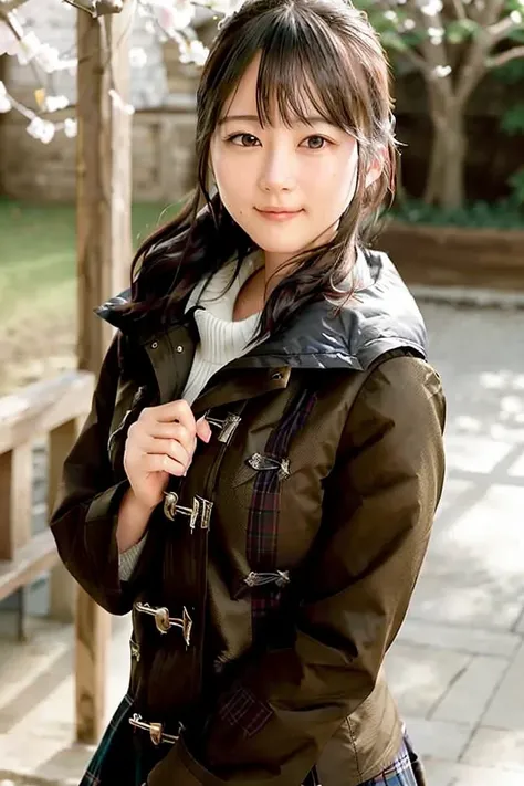 ikuta_erika, japanese, 1girl, coat, hood, jacket, ((duffle coat)), down jacket, lips, lipstick, plaid, plaid_skirt, realistic, skirt, solo, standing, best quality, photorealistic, masterpiece, 8k, high res, solo, (((woman))), (medium breast), ((looking at the viewer)), (looking at the camera), (short hair), (professional lighting, bokeh),top angle view, extremely detailed face, fashionable and trendy atmosphere, japan, street, park, river, pool, fourtain, sakura, sakura blossom, ((daytime)), (portrait:0.6), seductive smile, gorgeous, floating hair, (light particles, lens flare, glowing particles:0.6), (dynamic pose:1.2), soft lighting, brown hair, full body, square face, mature face, smile, teeth, camera, obvious mole_under_eye, skin blemishes, cheekbone, teeth <lora:IkutaE:1>