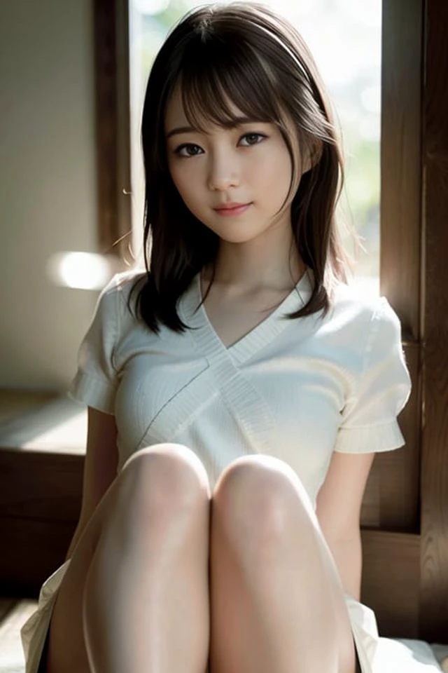 (skin blemish:1), (skindentation), black eye, 1women, 23yo, (((woman))), solo, realistic, best quality, photorealistic, masterpiece, 8k, high res, solo, extremely detailed face, (professional lighting, bokeh), (light particles, lens flare, glowing particles:0.6), (dynamic pose:1.2), soft lighting, top angle view, fashionable and trendy atmosphere, japan, kyoto ((morning)), ((looking at the viewer)), (looking at the camera),(portrait:0.6), gorgeous, kneeing, keep original facial proportion, full body, (small breast), (medium hair), slim body, long face, (brown hair:1.5), floating hair, lips, lipstick, seductive smile, teeth, smile, nogizaka46, uniform, <lora:IkutaE:0.7>