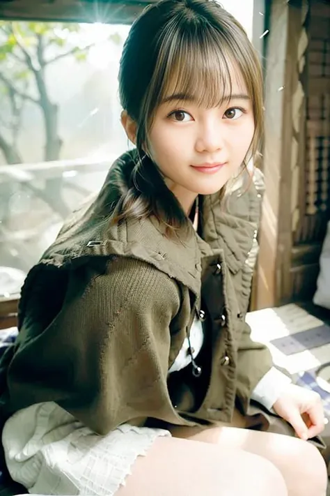 ikuta_erika, japanese, 1girl, coat, hood, jacket, ((duffle coat)), down jacket, lips, lipstick, plaid, plaid_skirt, realistic, skirt, solo, sitting on chair, best quality, photorealistic, masterpiece, 8k, high res, solo, (((woman))), (medium breast), ((looking at the viewer)), (looking at the camera), (short hair), (professional lighting, bokeh),top angle view, extremely detailed face, fashionable and trendy atmosphere, japan, street, tokyo, ((daytime)), (portrait:0.6), seductive smile, gorgeous, floating hair, (light particles, lens flare, glowing particles:0.6), (dynamic pose:1.2), soft lighting, brown hair, full body, (square face:1), mature face, smile, teeth, camera, obvious mole_under_eye, (skin blemishes:1), cheekbone, <lora:IkutaE:1.05>