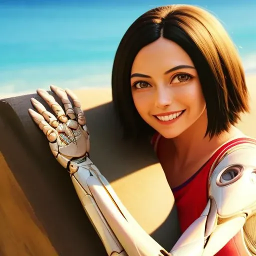 alita woman smiling <lora:alita-test-3:0.6>, in summer