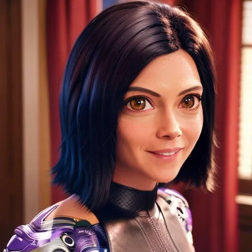 alita standing in room, smiling, <lora:alita-test-1:0.8>, high res
