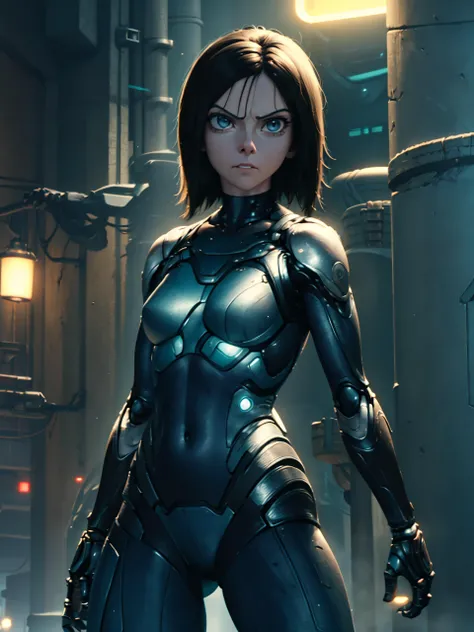 cowboy shot, <lora:alita_Test3Safetensors:0.7>, 1girl, Alita: Battle Angel, feminine, solo, (alita angry:1.1), serious, breasts, brown eyes, (purple and silver body:0.8), robot parts, metal body, (fighting pose:1.2), hands in fists, martial arts stance, (both fists up:1.3), fists in front of her, defensive stance, alita wearing a sleevless tight black leather shirt, sleeveless, no sleeves, alita robot arms, metal arms, (purple and silver arms:0.5), detailed face, petite, city at night, (night:1.25), wet street, (dimly lit:1), (dark:1.5), alleyway, sci-fi, futuristic, masterpiece, best quality, ultra highres, 8k resolution, ultra-detailed, sharp focus, cinematic lighting, rim lighting, (two tone lighting:1.2), (teal hue lighting:0.8), low key, <lora:epiNoiseoffset_v2:1.2>, <lora:dieselpunkai_v10:0.3>, (dieselpunkai:0.4), (cyberpunk:0.3), <lora:esthetic90sStyle_v12R:0.5>, 1990s \(style\),