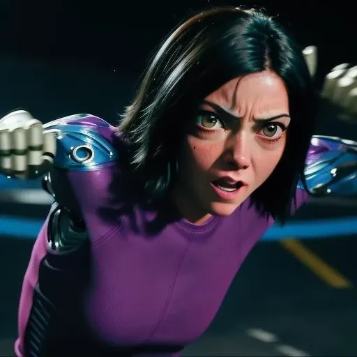 alita woman looking sad and punching <lora:alita-test-1:0.6>