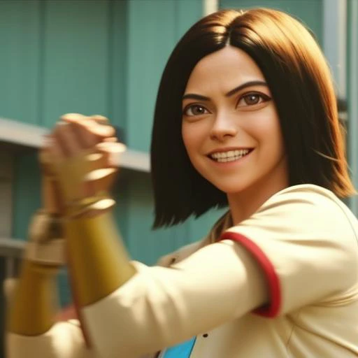 alita woman smiling and practicing martial arts <lora:alita-test-3:0.6>