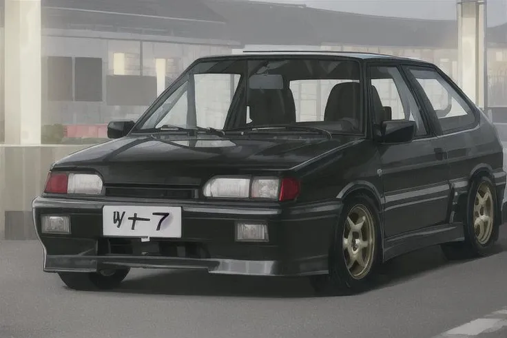 vaz2113, car parked by the building, streets of japan, underglow, night, black car, racing livery <lora:vaz2113_:0.75>