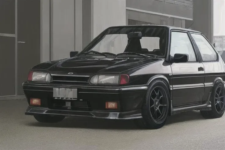 vaz2113, car parked by the building, streets of japan, underglow, night,  black car, racing livery <lora:vaz2113_:0.75>
