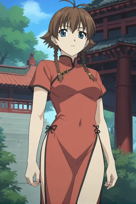 best quality,masterpiece,looking at viewer,absurdres,1girl,score_9,score_8_up,score_7_up,source_anime BREAK <lora:028-çå¾·è±åä¸-çæ ¼ä¸½ç¹ã»å·´é¡¿XLV1:0.8>,margaret burton,brown hair,short hair with long locks,twin braids,short hair,blue eyes,antenna hair,china dress, side slit, high slit, cross-laced slit,absolute field, thighs,east asian architecture,outdoor, sunny, natural light