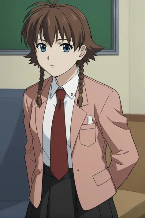 best quality,masterpiece,looking at viewer,absurdres,1girl,score_9,score_8_up,score_7_up,source_anime BREAK <lora:028-çå¾·è±åä¸-çæ ¼ä¸½ç¹ã»å·´é¡¿XLV1:0.7>,margaret burton,brown hair,short hair with long locks,twin braids,short hair,blue eyes,antenna hair,blazer,red necktie,jacket,school uniform,shirt,