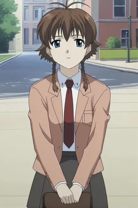 best quality,masterpiece,looking at viewer,absurdres,1girl,score_9,score_8_up,score_7_up,source_anime BREAK <lora:028-çå¾·è±å
ä¸-çæ ¼ä¸½ç¹ã»å·´é¡¿XLV1:1>,margaret burton,brown hair,short hair with long locks,twin braids,short hair,blue eyes,antenna hair,blazer,red necktie,jacket,school uniform,shirt,street,