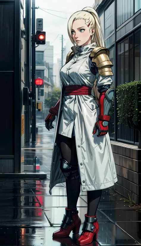 masterpiece, best quality, highres, the greatest details, 8k, UHD, HD, 1girl, realistic, side lighting, wallpaper,
<lora:ino yamanaka epoch5:1>, <lora:add_detail:1>, yamanaka ino, 
Armor, headphones, It stands, in full growth, Full armor:1.2, armbands, shoulder pads, heavy shoes, Raincoat, in a raincoat,