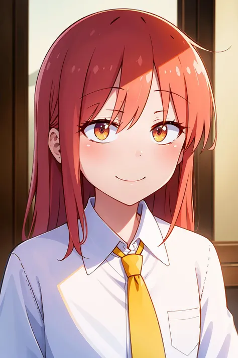 masterpiece, perfect lighting, (beautiful, best quality:1.3), perfect eyes, absurdres, 8k,
1girl, solo, (absurdres), finely detail,
, smile, <lora:Kobayashi San V1:0.7>, kobayashi_san, red hair, red eyes,
white shirt, yellow tie