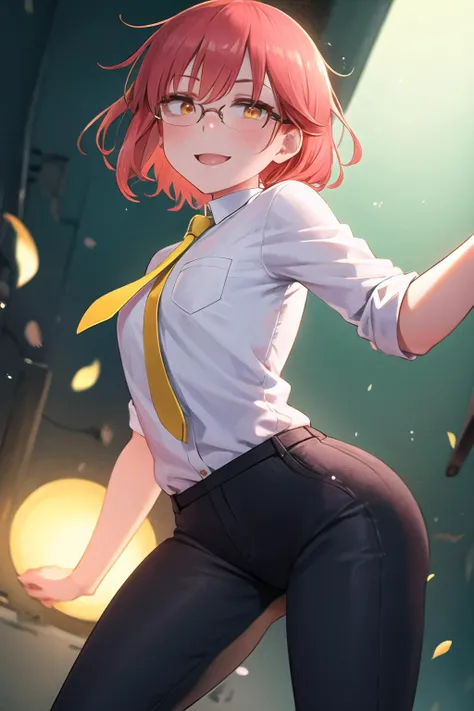 masterpiece, perfect lighting, (beautiful, best quality:1.3), perfect eyes, absurdres, 8k,
1girl, solo, (absurdres), finely detail, smile,
intricate,(full-body-shot:0.5), (dynamic angle:1.2), (dynamic pose:1.2),
<lora:Kobayashi San V1:0.7>, kobayashi_san, short hair, red eyes, red hair, glasses, small breasts,
(black pants, white shirt, yellow tie),