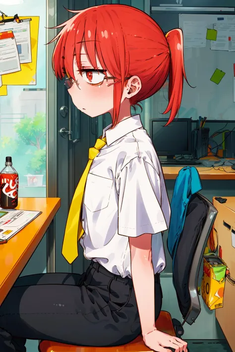 masterpiece,best quality,1girl,kobayashi_san,ponytail,short hair,red eyes,red hair,glasses,flat chest,uniform,black pants,white shirt,yellow tie,sitting on office chair,tired,(bags under eyes),energy drink,office,from side,<lora:Kobayashi San V1:0.7>,<lora:bags under eyes:0.5>,
