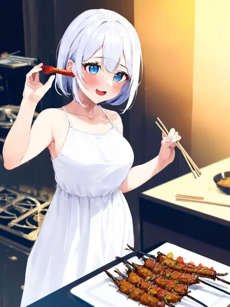 (((1girl))),white dress, blue apron, solo,holding skewer,worm,cordyceps,mushroom, cooking, 1girl  <lora:cordyceps_768-000018:0.8>, masterpiece, best quality,