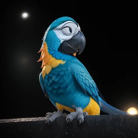 xyzparrot,moon,(dark shot:1.4), 80mm, prompt, soft light, sharp, exposure blend, medium shot, bokeh, (hdr:1.4), high contrast, (cinematic, teal and orange:0.85), (muted colors, dim colors, soothing tones:1.3), low saturation, (hyperdetailed:1.2), (noir:0.4) ,<lora:lora_168_xyzparrot:0.5>