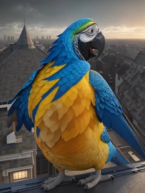 xyzparrot,rooftop,epic realistic, prompt, (dark shot:1.22), neutral colors, (hdr:1.4), (muted colors:1.4), (intricate), (artstation:1.2), hyperdetailed, dramatic, intricate details, (technicolor:0.9), (rutkowski:0.8), cinematic, detailed ,<lora:lora_168_xyzparrot:0.5>
