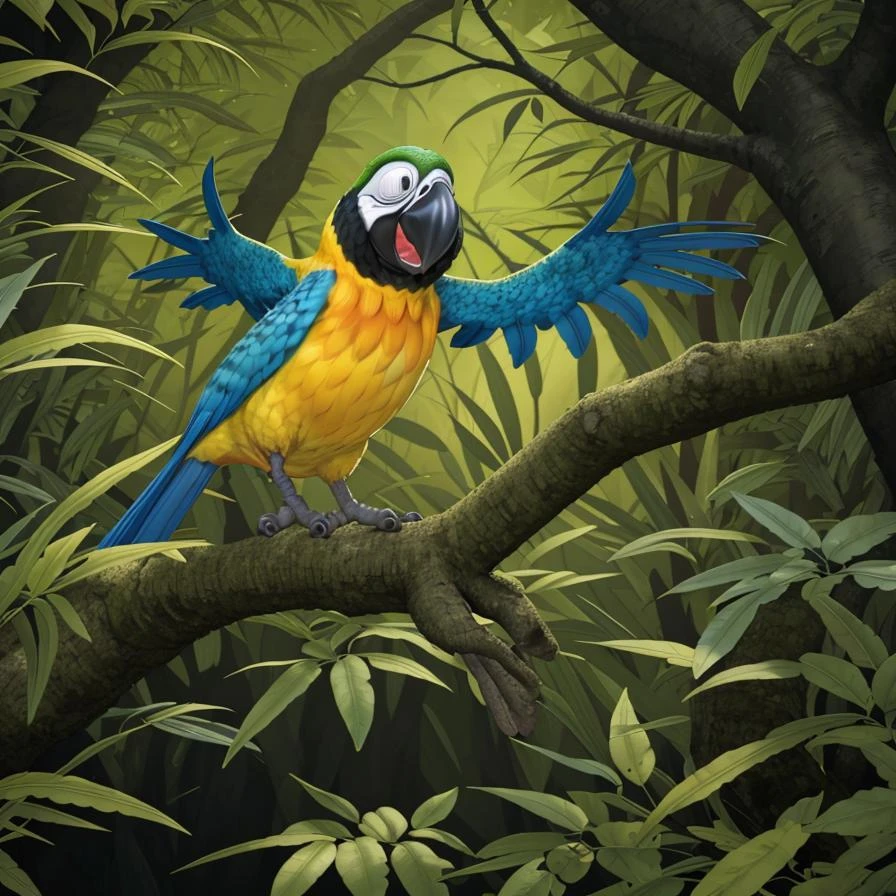 xyzparrot,forest,animal, illustration, flat, vector, detailed.","deformed, bad anatomy, floating body parts, broken ,<lora:lora_168_xyzparrot:0.5>