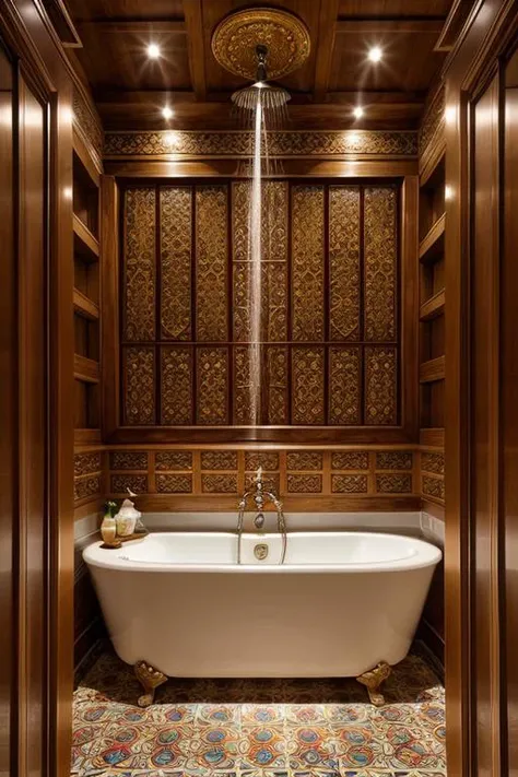 javaneseinterior, detail, realistic, bathroom shower, painting, flower pattern, dim light, ornament, mirror, ornate, detail, traditional, ceramic floor, <lora:ARWJavaneseInterior:1>