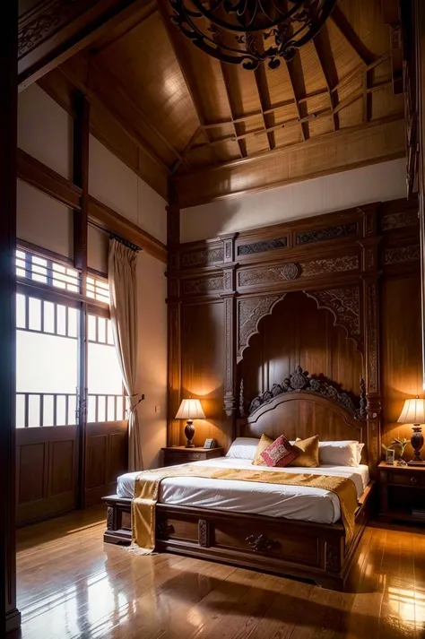 javaneseinterior, javanese interior, bedroom, king bed with curtain, painting, flower pattern, dim light, ornament, mirror, ornate, detail, traditional, wooden floor, dawn, plant, <lora:ARWJavaneseInterior:1>