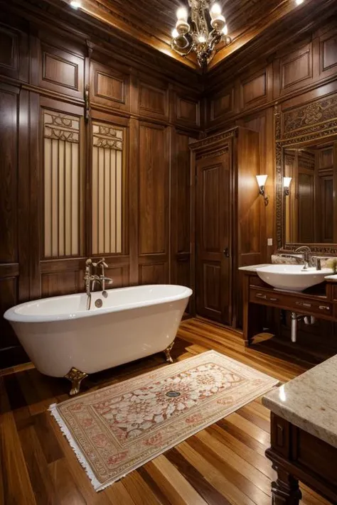 javaneseinterior, bathroom, painting, flower pattern, dim light, ornament, mirror, ornate, detail, traditional, wooden floor, <lora:ARWJavaneseInterior:1>