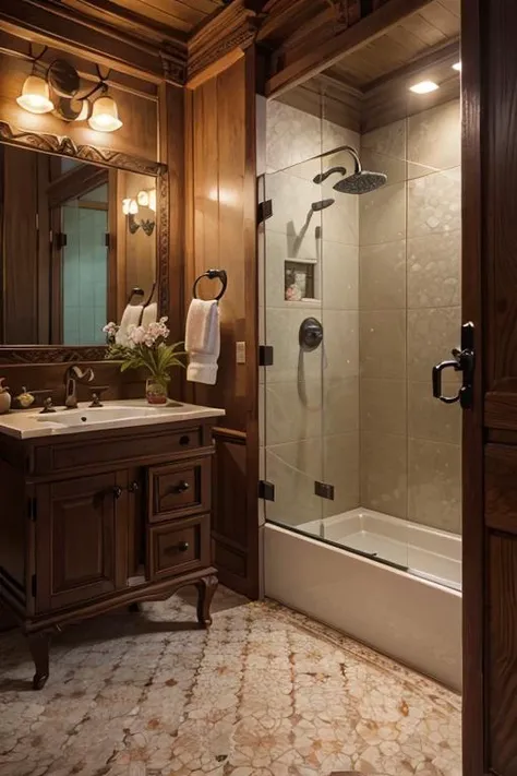 javaneseinterior, bathroom shower, painting, flower pattern, dim light, ornament, mirror, ornate, detail, traditional, ceramic floor, <lora:ARWJavaneseInterior:1>