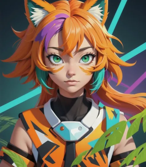(masterpiece:1.1), (highest quality:1.1), (HDR:1.0), extreme quality, cg, (negative space), detailed face+eyes, 1girl, fox ears, animal ear fluff, (plants:1.18), (fractal art), (bright colors), splashes of color background, colors mashing, paint splatter, complimentary colors, neon, (thunder tiger), compassionate, electric, limited palette, synthwave, fine art, tan skin, upper body, (green and orange:1.2), time stop, sy3, SMM