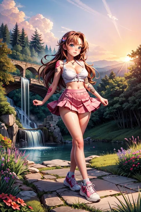 (best quality, masterpiece:1.3), girl, cute and adorable, wide top, pink skirt, sneakers, tattoo, cleavage, (cameltoe), long hair, open legs, long grass, sunset, full body, blushed, marking nipples, well, waterfall on the background, butterflies, glowing, old stone bridge, big flowers, <lora:add_detail:1.4>