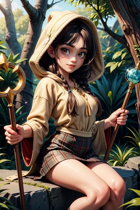 (best quality, highres, highly detailed, masterpiece:1.3), 1 girl, adult woman, freckles, red eyes, black shag hair,, (skirt lift:1.2), cameltoe, character focus portrait, solo, upper body, looking at viewer, detailed background, detailed face, (<lora:BohoAI:0.6>, bohoai, boho theme:1.1), warm smile, druid, wearing natural colored green clothes, hood, leather, druid staff, feathers, healing magic, runes, nature magic, floating particles, roots, rocks, bushes, bloom, forest canopy in background, natural atmosphere, earth tones,, <lora:GlassTech-20:0.6>, glasstech, glass, <lora:add_detail:0.7>