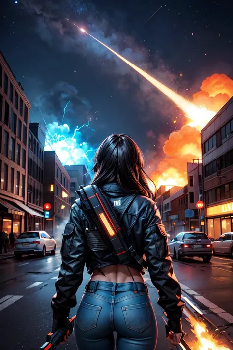 (best quality, masterpiece:1.2), girl, suit, torn clothes, weapon atached on her back, scars on face, flying missile, (neon lights), glowing lights, futuristic street, destroyed cars on fire, (lighting storm), explosion, smoke, space ships, ((big monster on the background)), 4k res, 8k, higly detailed textures, cinematic shot, intricate details, <lora:add_detail:1.2>,