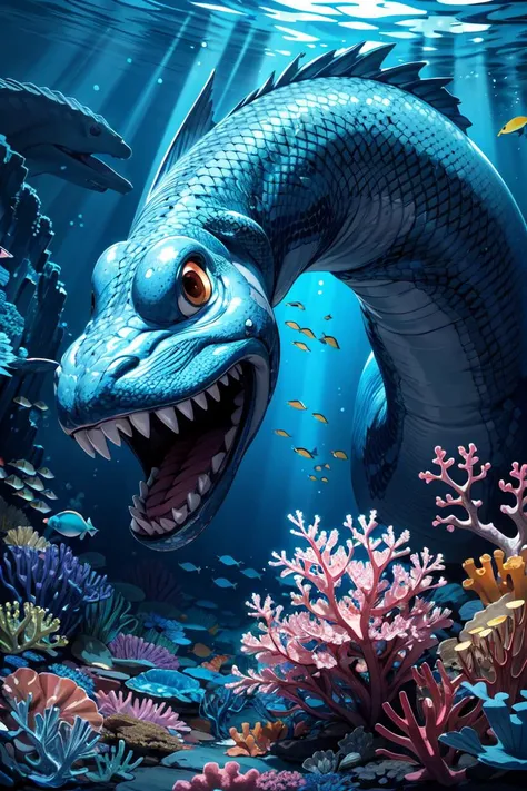 (best quality, masterpiece:1.2), big snake, underwater, ocean depths, glowing lights, open mouth, big fangs, angry face, 4k res, 8k, higly detailed textures, cinematic shot, intricate details, side view, <lora:add_detail:0.8>,