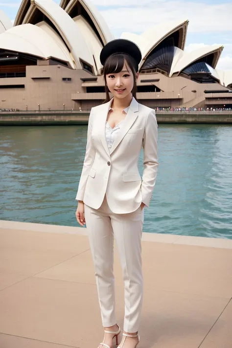 <lora:ayana_haduki_obj20:0.3>, full_body, standing, sandals, suit, pants, (sydney operahouse), (ayana_haduki: 1.1), perfect face, (contact iris: 1.1), pale skin, skin pores , depth of field