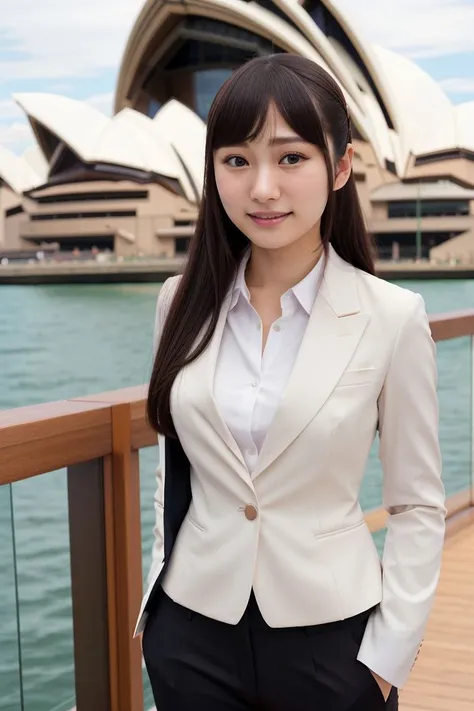 <lora:ayana_haduki_obj20:0.5>, full_body, standing, sandals, suit, pants, (sydney operahouse), (ayana_haduki: 1.1), perfect face, (contact iris: 1.1), pale skin, skin pores , depth of field