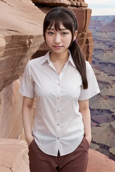 <lora:ayana_haduki_obj20:0.5>, full_body, standing, sandals, ((shirt)), pants, (grand canyon), (ayana_haduki: 1.3), perfect face, (contact iris: 1.1), pale skin, skin pores , depth of field