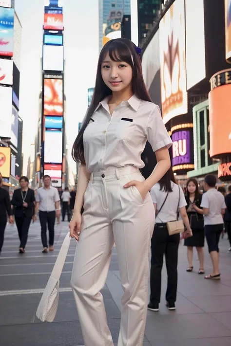 <lora:ayana_haduki_obj20:0.5>, full_body, standing, sandals, ((shirt)), pants, (times square), (ayana_haduki: 1.3), perfect face, (contact iris: 1.1), pale skin, skin pores , depth of field