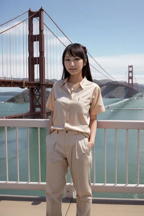 <lora:ayana_haduki_obj20:0.5>, full_body, standing, sandals, ((shirt)), pants, (golden gate  bridge), (ayana_haduki: 1.3), perfect face, (contact iris: 1.1), pale skin, skin pores , depth of field