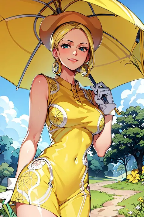 masterpiece, ((ultra detailed background, delicate pattern, intricate detail)), (highly detailed, fine details), best quality, beautiful lighting, ((medium breasts, slim girl)), MissValentine, 1girl, solo, blonde hair, jewelry, earrings, short hair, smile, yellow dress, gloves, umbrella, (yellow hat), blue eyes, complex detailed background, blue sky, grass, trees, nature environment, (cowboy shot), <lora:MissValentine:0.75>