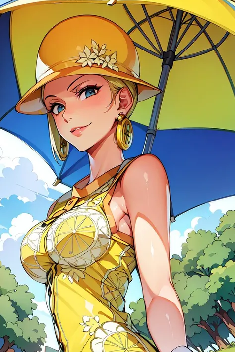masterpiece, ((ultra detailed background, delicate pattern, intricate detail)), (highly detailed, fine details), best quality, beautiful lighting, ((medium breasts, slim girl)), MissValentine, 1girl, solo, blonde hair, jewelry, earrings, short hair, smile, yellow dress, gloves, umbrella, (yellow hat), blue eyes, complex detailed background, blue sky, grass, trees, nature environment, (close-up, portrait), <lora:MissValentine:0.8>