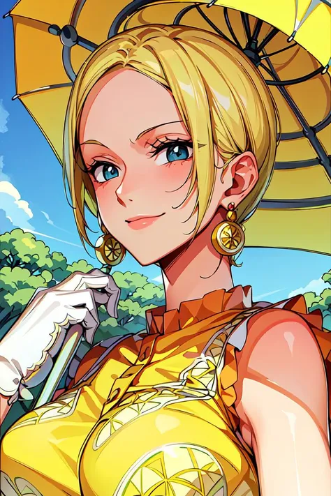 masterpiece, ((ultra detailed background, delicate pattern, intricate detail)), (highly detailed, fine details), best quality, beautiful lighting, ((medium breasts, slim girl)), MissValentine, 1girl, solo, blonde hair, jewelry, earrings, short hair, smile, yellow dress, gloves, umbrella, (yellow hat), blue eyes, complex detailed background, blue sky, grass, trees, nature environment, (close-up, portrait), <lora:MissValentine:0.8>