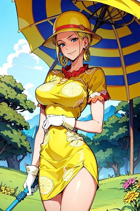 masterpiece, ((ultra detailed background, delicate pattern, intricate detail)), (highly detailed, fine details), best quality, beautiful lighting, ((medium breasts, slim girl)), MissValentine, 1girl, solo, blonde hair, jewelry, earrings, short hair, smile, yellow dress, gloves, umbrella, (yellow hat), blue eyes, complex detailed background, blue sky, grass, trees, nature environment, (cowboy shot),  <lora:MissValentine:0.75>