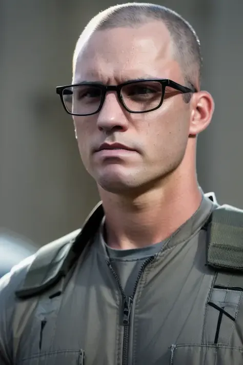 a man <lora:jeffreyDonovan:1>, shaved head, glasses, undercover agent on a mission, upper body, close up, RAW, 8K, UHD, highly detailed face, candid, amateur