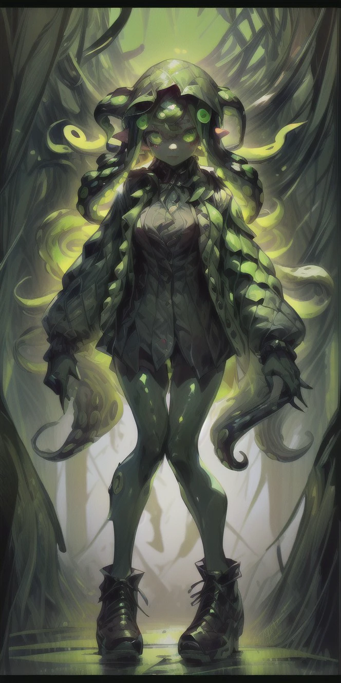 (8k uhd, masterpiece, best quality, high quality, absurdres, ultra-detailed), (solo, 1girl:1.2) lovecraftian, (green tentacle hair, green tentacle legs, eldritch_abomination:1.2) scylla, eldritch, monster girl, <lora:Cthulhu:0.35>, <lora:add_detail:1>, <lora:splatoon:0.45>, leg tentacles, <lora:detailed_eye_V2:1.0>, overcoat, bulletproof vest, <lora:colorfix:1.0>