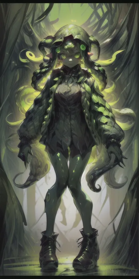 (8k uhd, masterpiece, best quality, high quality, absurdres, ultra-detailed), (solo, 1girl:1.2) lovecraftian, (green tentacle hair, green tentacle legs, eldritch_abomination:1.2) scylla, eldritch, monster girl, <lora:Cthulhu:0.35>,  <lora:add_detail:1>, <lora:splatoon:0.45>, leg tentacles,  <lora:detailed_eye_V2:1.0>, overcoat, bulletproof vest,  <lora:colorfix:1.0>