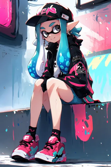 <lora:splatoon:1>1girl, solo, long_hair, looking_at_viewer, smile, bangs, shirt, black_hair, hat, long_sleeves, jewelry, sitting, closed_mouth, jacket, full_body, earrings, outdoors, open_clothes, shoes, shorts, socks, pointy_ears, blurry, open_jacket, black_jacket, grey_eyes, short_shorts, black_headwear, denim, black_socks, sneakers, red_footwear, baseball_cap, denim_shorts, blue_shorts, tentacle_hair