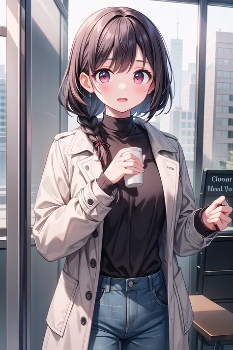 <lora:hotarueye_tareme1_v100:1>, insanely detailed, absurdres, ultra-highres, ultra-detailed, best quality,
1girl, solo, nice hands, perfect hands
BREAK
maxi coat, long sleeve shirt, chino pants
BREAK
(nsfw:-1.5)
BREAK
expressionless, open mouth
BREAK
(45 angle:-1.5), (from side:-1.5),
standing, cowboy shot, looking at viewer
BREAK
slender, kawaii, perfect symmetrical face, ultra cute girl, ultra cute face, ultra detailed eyes, ultra detailed hair, ultra cute, ultra beautiful
BREAK
in coffee shop, depth of field, ultra detailed background
BREAK
medium breasts
BREAK
black hair, red eyes, braid,
