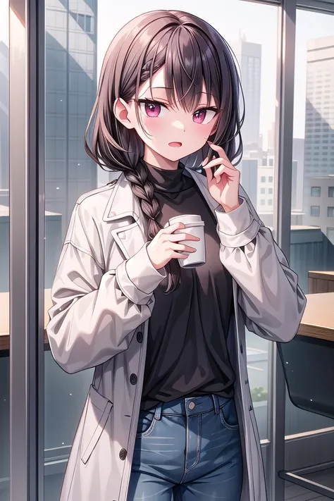 <lora:hotarueye_tsurime2_v100:1>, insanely detailed, absurdres, ultra-highres, ultra-detailed, best quality,
1girl, solo, nice hands, perfect hands
BREAK
maxi coat, long sleeve shirt, chino pants
BREAK
(nsfw:-1.5)
BREAK
expressionless, open mouth
BREAK
(45 angle:-1.5), (from side:-1.5),
standing, cowboy shot, looking at viewer
BREAK
slender, kawaii, perfect symmetrical face, ultra cute girl, ultra cute face, ultra detailed eyes, ultra detailed hair, ultra cute, ultra beautiful
BREAK
in coffee shop, depth of field, ultra detailed background
BREAK
medium breasts
BREAK
black hair, red eyes, braid,