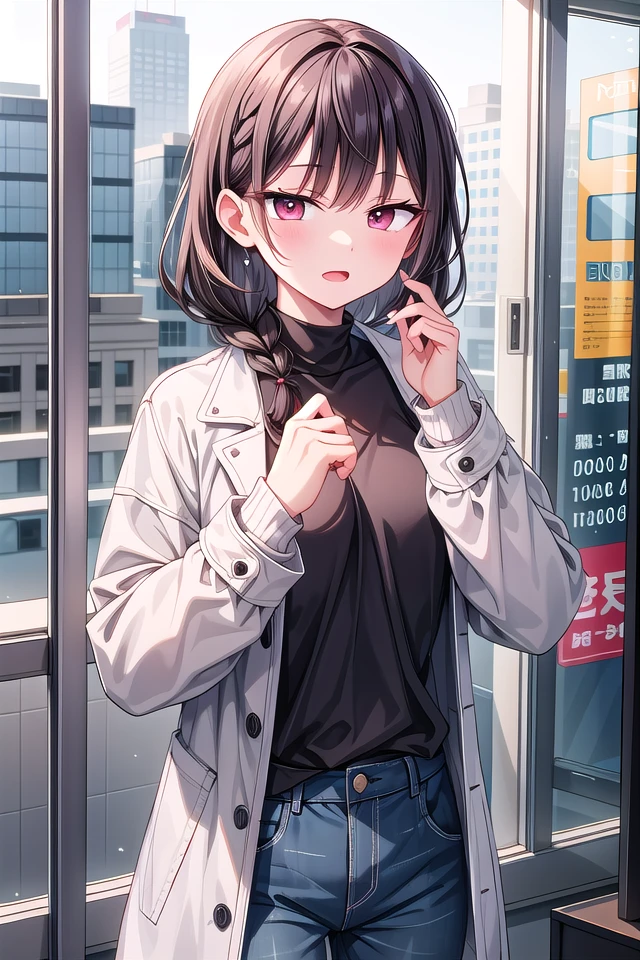 <lora:hotarueye_tsurime1_v100:1>, insanely detailed, absurdres, ultra-highres, ultra-detailed, best quality,
1girl, solo, nice hands, perfect hands
BREAK
maxi coat, long sleeve shirt, chino pants
BREAK
(nsfw:-1.5)
BREAK
expressionless, open mouth
BREAK
(45 angle:-1.5), (from side:-1.5),
standing, cowboy shot, looking at viewer
BREAK
slender, kawaii, perfect symmetrical face, ultra cute girl, ultra cute face, ultra detailed eyes, ultra detailed hair, ultra cute, ultra beautiful
BREAK
in coffee shop, depth of field, ultra detailed background
BREAK
medium breasts
BREAK
black hair, red eyes, braid,