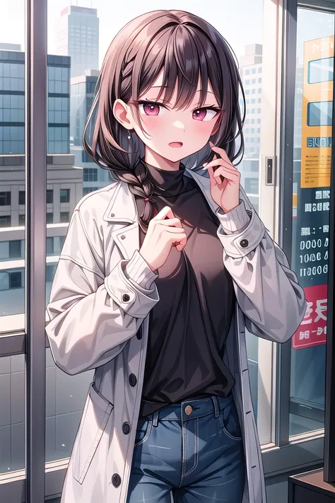 <lora:hotarueye_tsurime1_v100:1>, insanely detailed, absurdres, ultra-highres, ultra-detailed, best quality,
1girl, solo, nice hands, perfect hands
BREAK
maxi coat, long sleeve shirt, chino pants
BREAK
(nsfw:-1.5)
BREAK
expressionless, open mouth
BREAK
(45 angle:-1.5), (from side:-1.5),
standing, cowboy shot, looking at viewer
BREAK
slender, kawaii, perfect symmetrical face, ultra cute girl, ultra cute face, ultra detailed eyes, ultra detailed hair, ultra cute, ultra beautiful
BREAK
in coffee shop, depth of field, ultra detailed background
BREAK
medium breasts
BREAK
black hair, red eyes, braid,