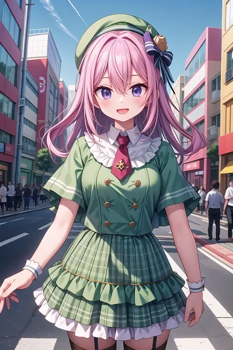 insanely detailed, absurdres, ultra-highres, ultra-detailed, best quality,
1girl, solo, nice hands, perfect hands
BREAK
((gothic dress, Idol costume):1.3), (green and white theme:1.2), (white blouse:1.4), ((white collar, tie):1.3), (open short-cape:1.3), (short sleeve:1.2), (green tartan-check pattern (ruffle-skirt, multilayer-skirt):1.4), (white basque-beret with ribbon:1.3), (Fishnet stockings:1.3), (glove:1.2)
BREAK
smile, laugh, open mouth, standing, (45 angle:-1.5), (from side:-1.5), cowboy shot
BREAK
slender, kawaii, perfect symmetrical face, ultra cute girl, ultra cute face, ultra detailed eyes, ultra detailed hair, ultra cute, ultra beautiful
BREAK
in harajuku, shibuya, tokyo, street, crowd, cityscape
BREAK
medium large breasts, (cleavage:-1), (nsfw:-1.5)
BREAK
(purple hair, black eyes), hair between eyes