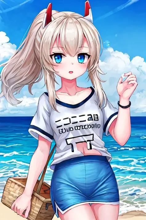 Blue eyes, blue skirt, use T-Shirt, one girls, girlfriend, stoking girls, on the beach,  no ponytail