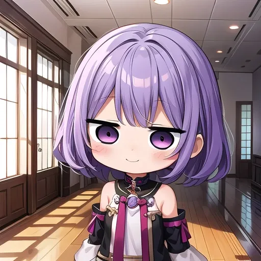 <lora:hotarueye_jitome1_v100:1>, 1girl, (chibi:1.4), smile, closed mouth, upper body, standing, , purple hair, indoors